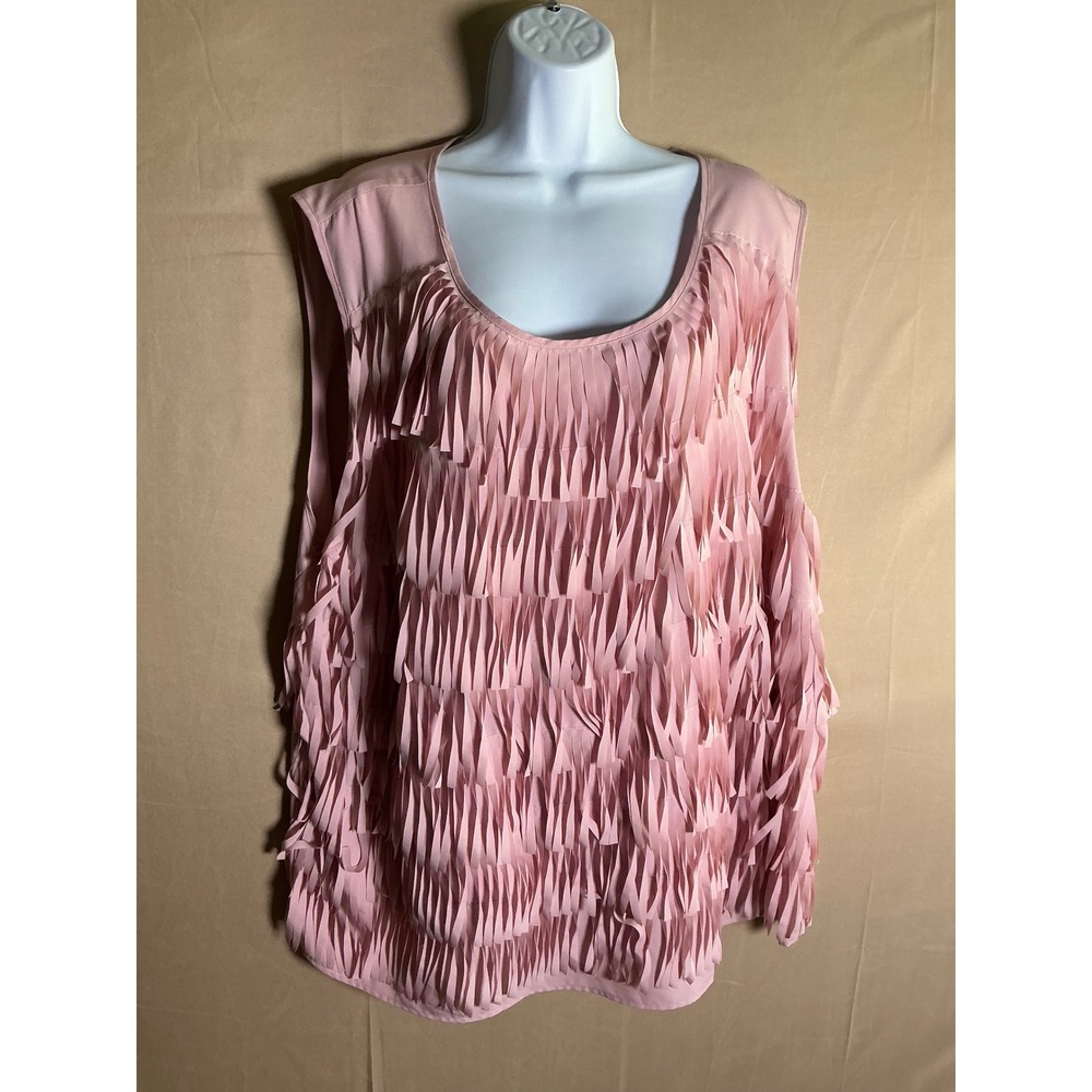 Roaman's Pink Tiered Fringe Sleeveless Blouse Size 32W Scoop Neck Keyhole Back